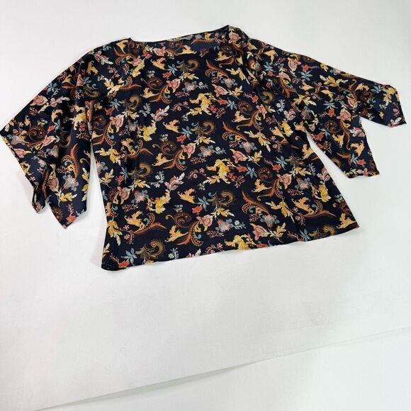 Motto Tops - Motto Top Womens 2X Black Floral Pattern Kimono Sleeve Boat Neck Blouse Mature